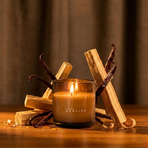 vela aromatica palo santo vainilla aroma exquisito en vaso de vidrio soplado, producto libre de tóxicos